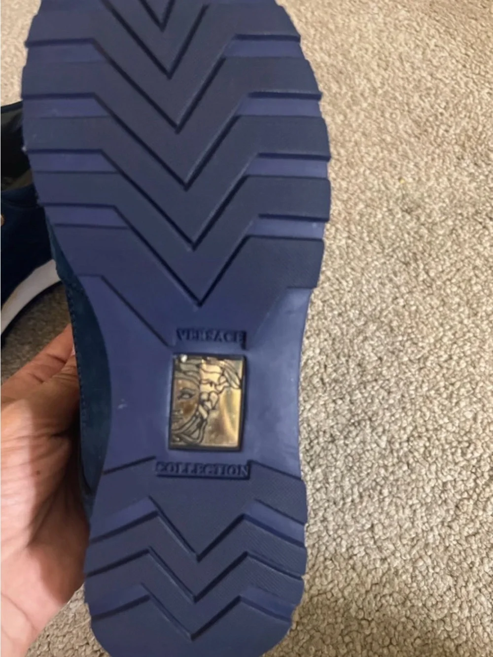 Versace Navy Blue Suede Sneakers with Gold Accents